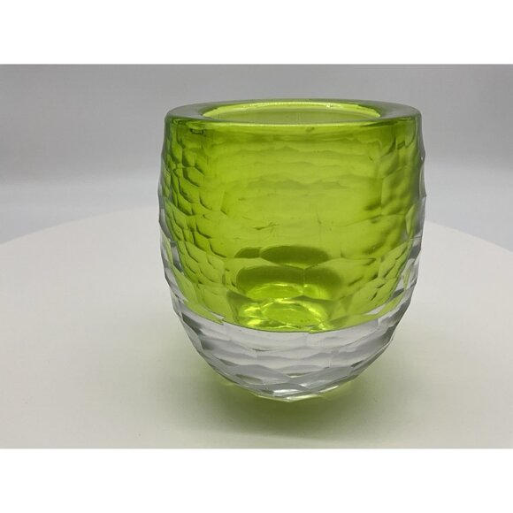 Faceted Green and Clear Art Glass Votive Holder Heavy Quality Glass Collectible - Picture 8 of 15